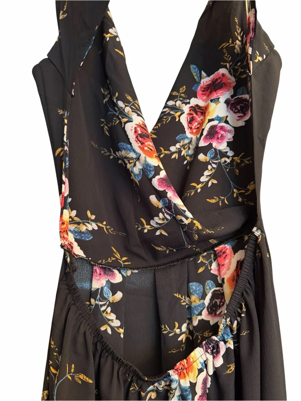 Floral Maxi Dress - Black with Pink Blooms - Picture 3 of 6